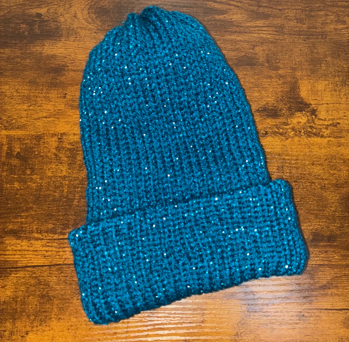Beanie, Foldable Brim, Acrylic. Teal, Sparkle