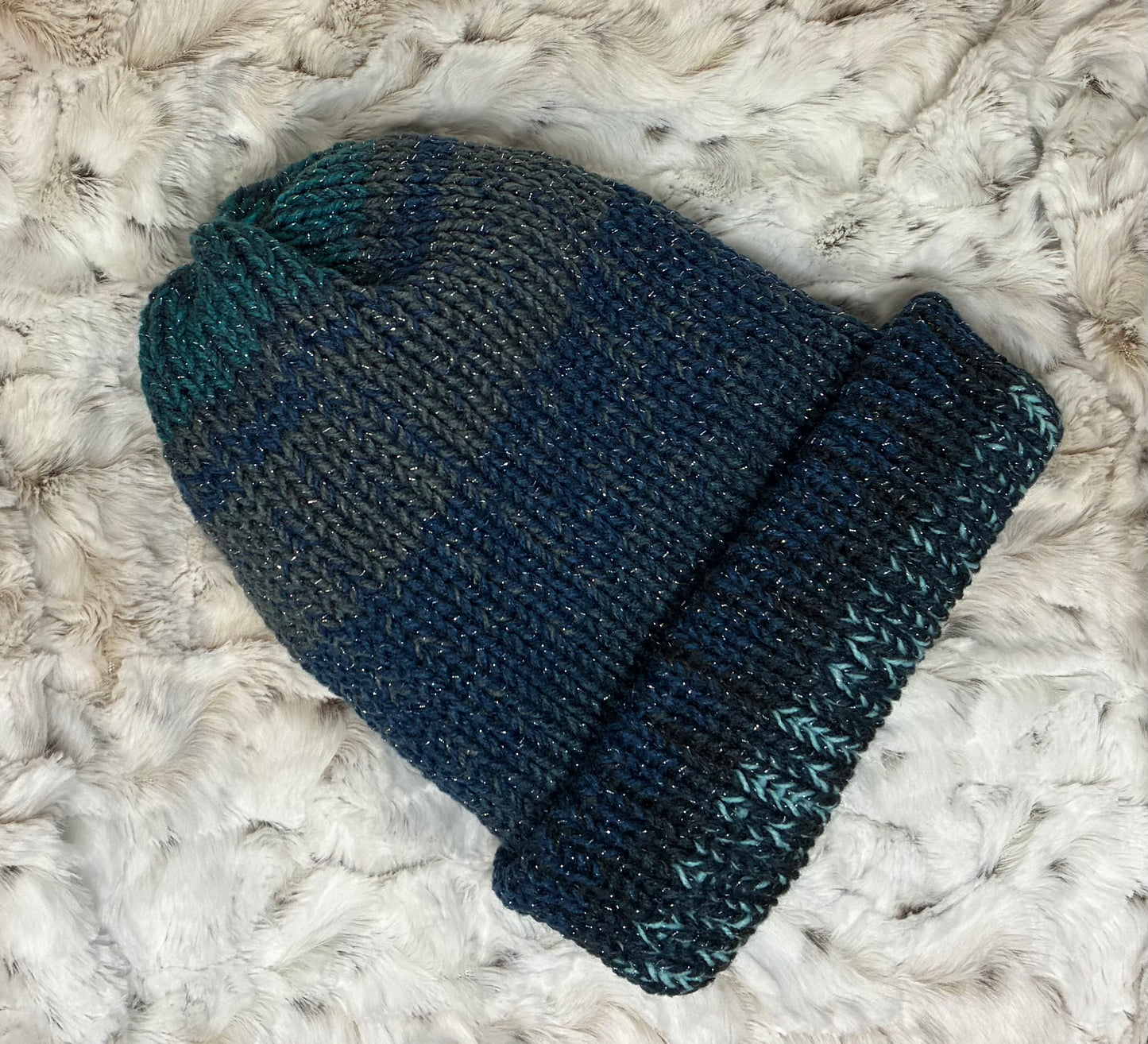 Beanie, Foldable Brim, Acrylic. Blues& Greys, Sparkle