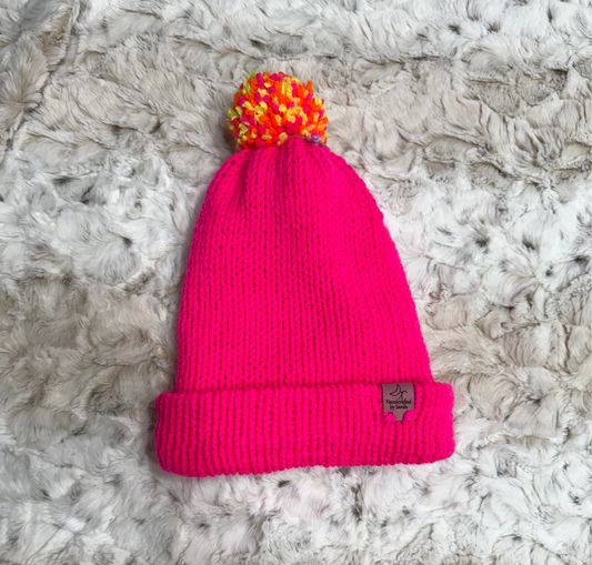 Hot Pink Beanie with neon pompom