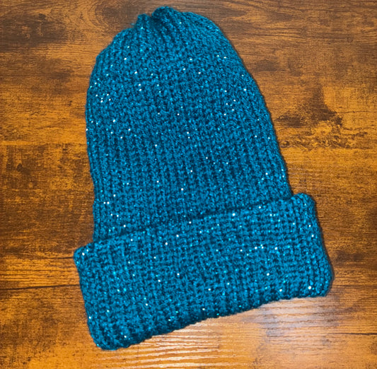 Beanie, Foldable Brim, Acrylic. Teal, Sparkle