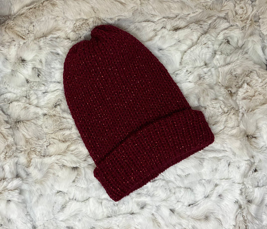 Beanie, Foldable Brim, Acrylic. Burgundy, Sparkle