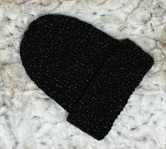 Beanie, Foldable Brim, Acrylic. Black, Multicolor Sparkle