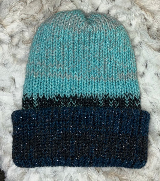 Beanie, Foldable Brim, Acrylic. Blues& Greys, Sparkle