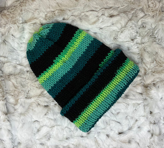 Beanie, Foldable Brim, Acrylic.Black, Greens, Teals